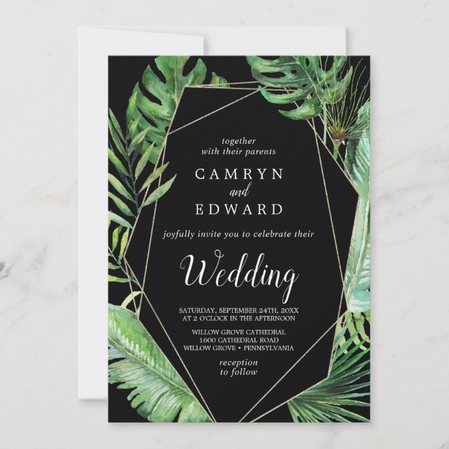 Invitation Palme tropicale sauvage | Mariage géométrique noir (Devant)