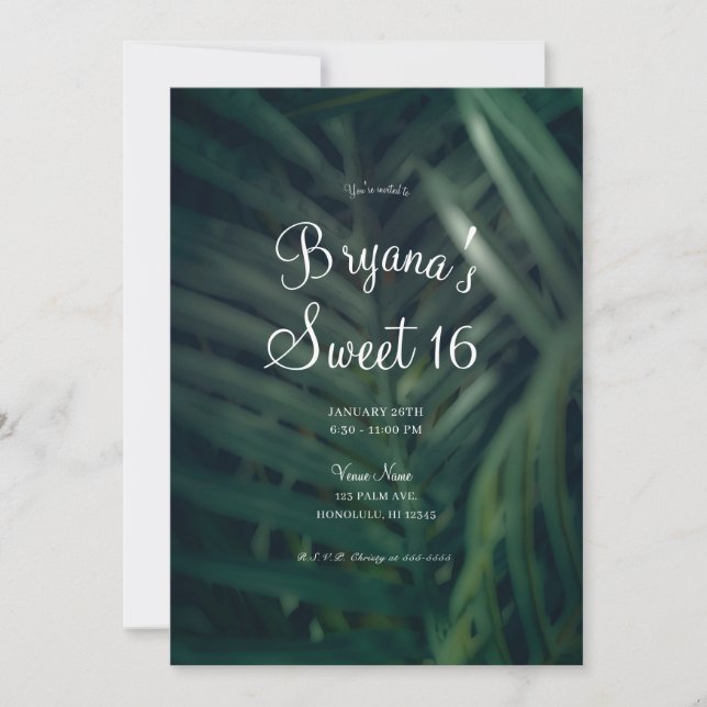 Invitation Palme Tropicale Vert foncé Feuille Sweet 16 Party (Devant)
