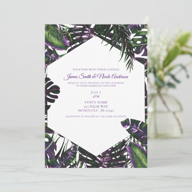 Invitation Palme tropicale violette et verte Feuille Mariage (Debout devant)
