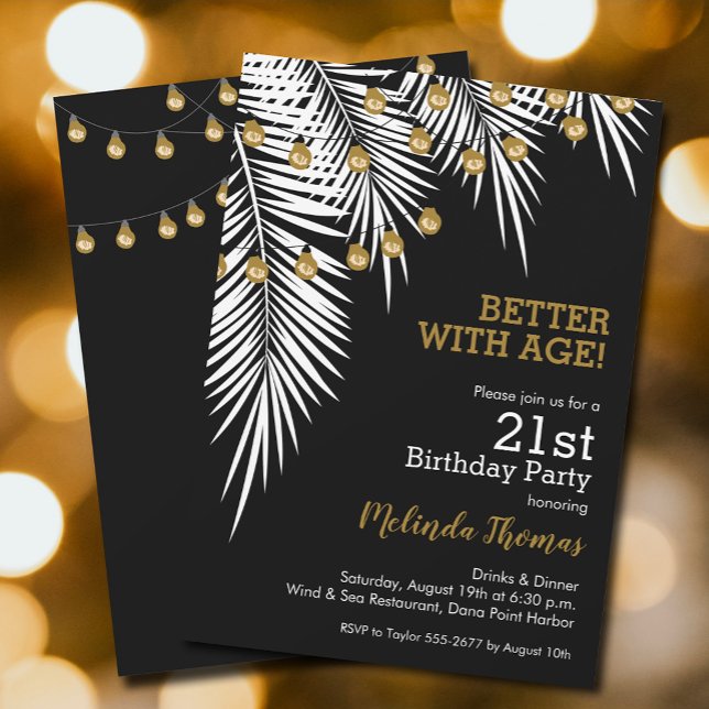 Invitation Palmes noires et d'or Fête d'anniversaire (White Palms and string lights on black 21st birthday  invitations, PRINTED and/or INSTANT DOWNLOAD)