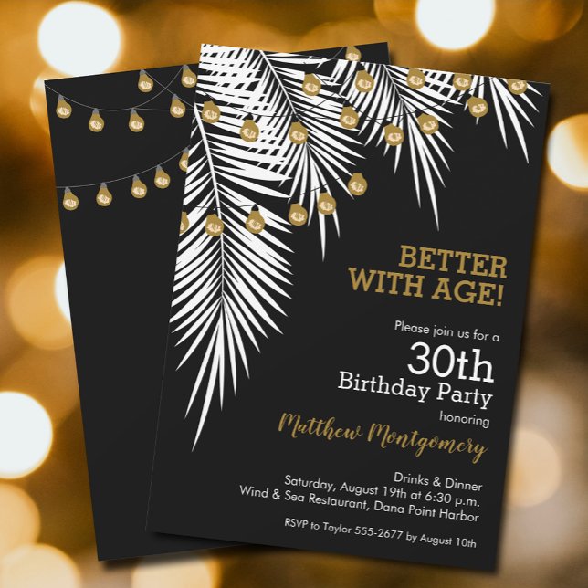 Invitation Palmes noires et d'or Fête d'anniversaire (White Palms and string lights on black birthday party invitations, PRINTED and/or INSTANT DOWNLOAD)