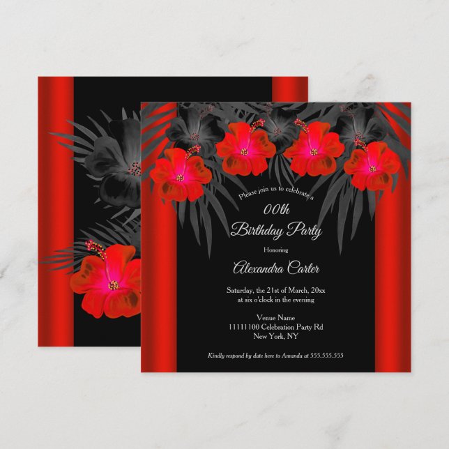 Invitation Palmes noires rouges Hibiscus Tropical Anniversair (Devant / Derrière)