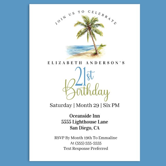Invitation Palmier de Plage 21e Anniversaire (Tropical beach 21st birthday invitation with watercolor palm tree ocean scene coastal party)