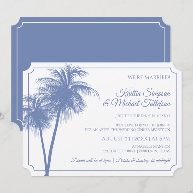 Invitation Palmier Destination | Bleu Centaurée (Devant / Derrière)