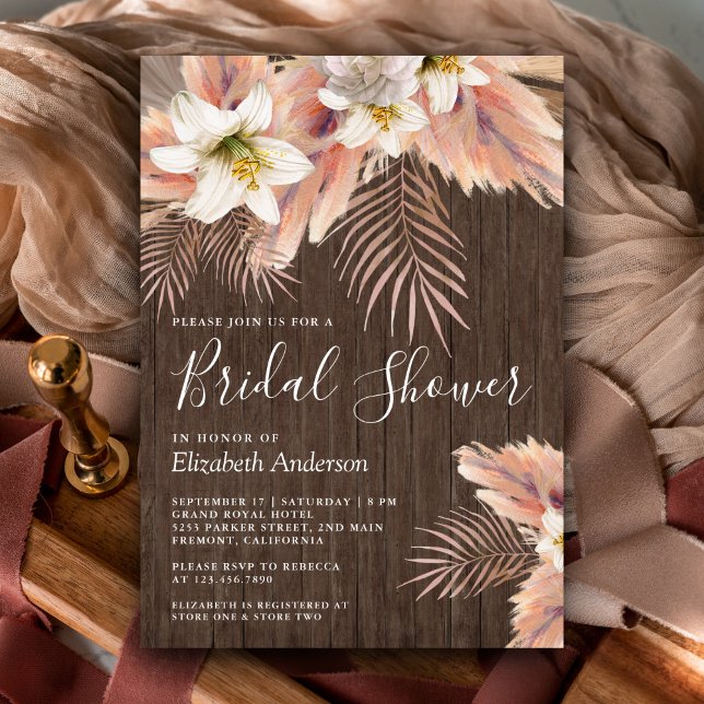 Invitation Palmier Floral Blanc Pampas Fête des mariées en bo (Créateur téléchargé)