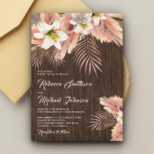 Invitation Palmier Floral Blanc Pampas Grange Mariage en bois