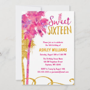 Invitation Palmier rose tropical Faux Gold Parties scintillan