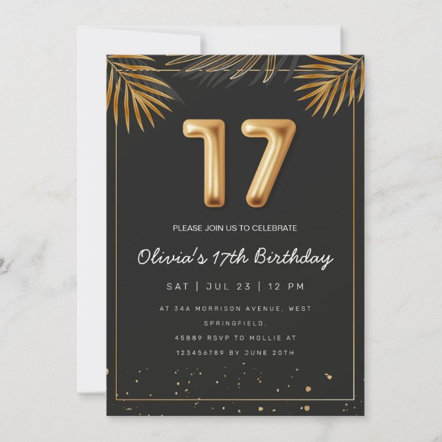 Invitation Palmier tropical d'or Feuille 17e anniversaire (Devant)