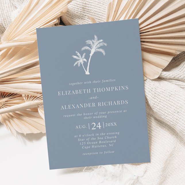 Invitation Palmier tropical Dusty Blue Beach Wedding (Créateur téléchargé)