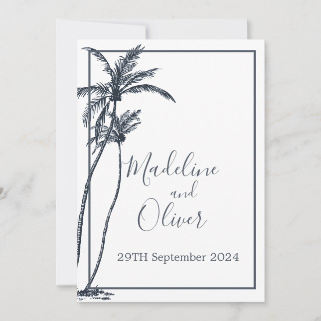 Invitation Palmier tropical Elégant Mariage bleu blanc (Devant)