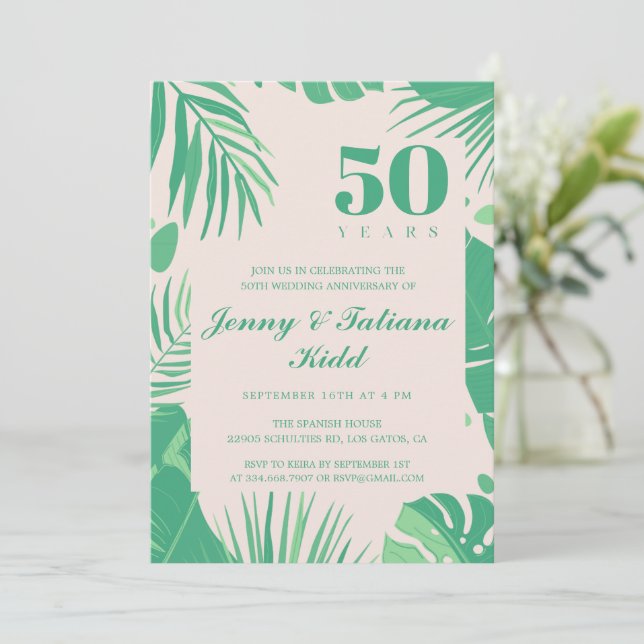 Invitation palmier tropical feuille 50e anniversaire de Maria (Debout devant)