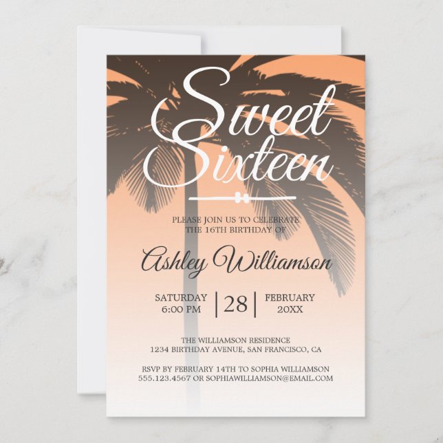 Invitation Palmier tropical Orange Sweet 16 16e anniversaire (Devant)