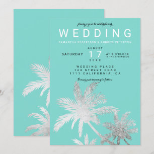 Invitation Palmiers argentés modernes turquoise mariage éléga