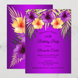 Invitation Palmiers d'or jaune violet Hibiscus fête d'anniver