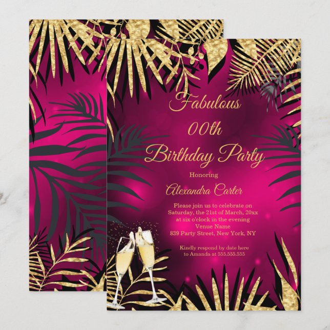Invitation Palmiers d'or rose tropicale Champagne Anniversair (Devant / Derrière)