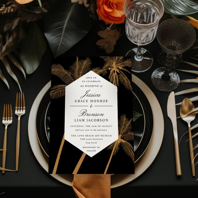 Invitation palmiers dorés mariage tropical sophistiqué (Créateur téléchargé)