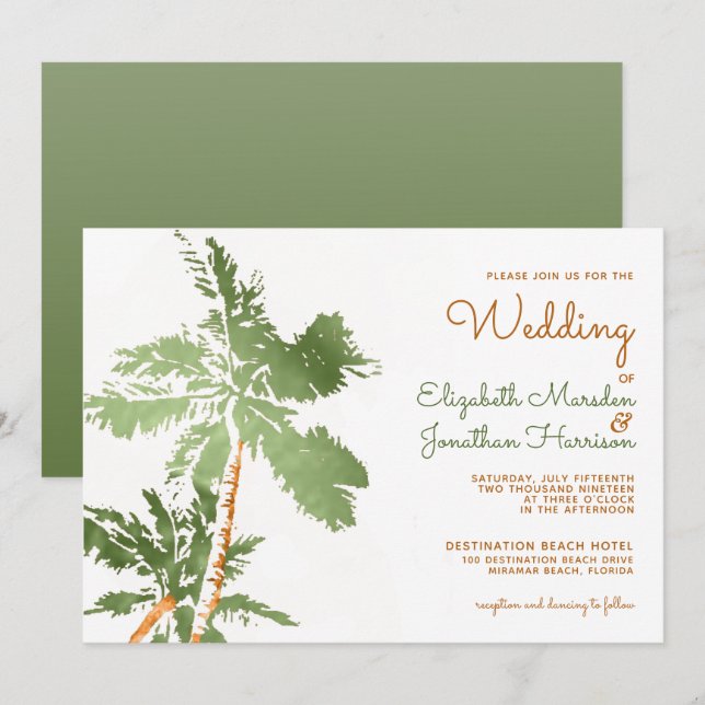 Invitation Palmiers en cuivre tropical Elégant Mariage de pla (Devant / Derrière)