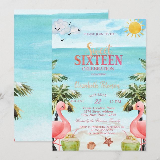 Invitation Palmiers Flamants Roses Tropicaux  (Devant / Derrière)