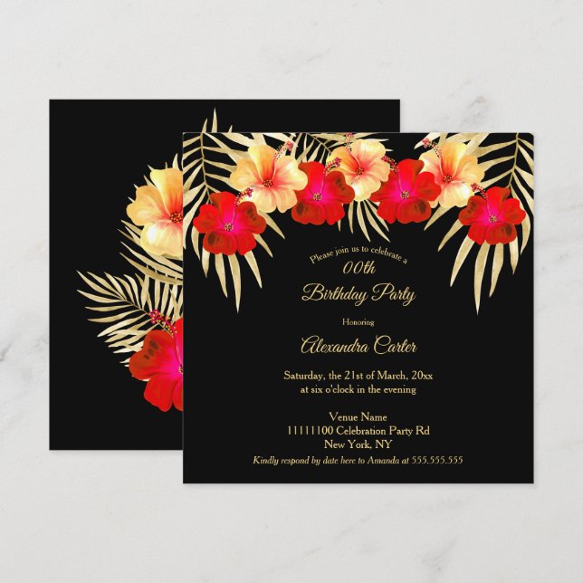 Invitation Palmiers noirs en or rouge Hibiscus Floral Anniver (Devant / Derrière)