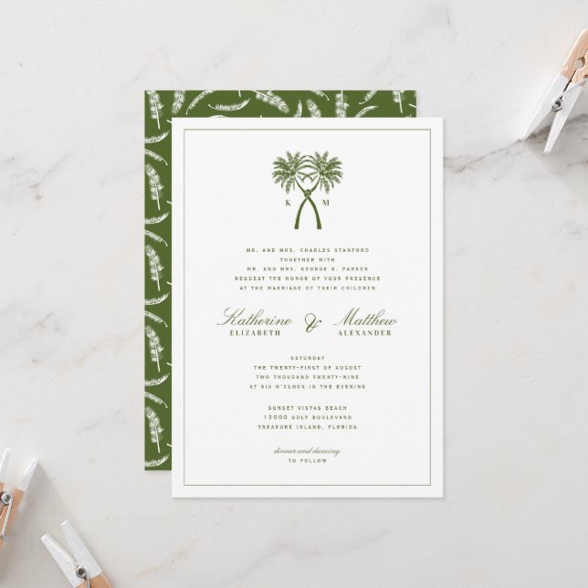 Invitation Palmiers noués Destination Tropicale Mariage (Devant/Arrière en situation)
