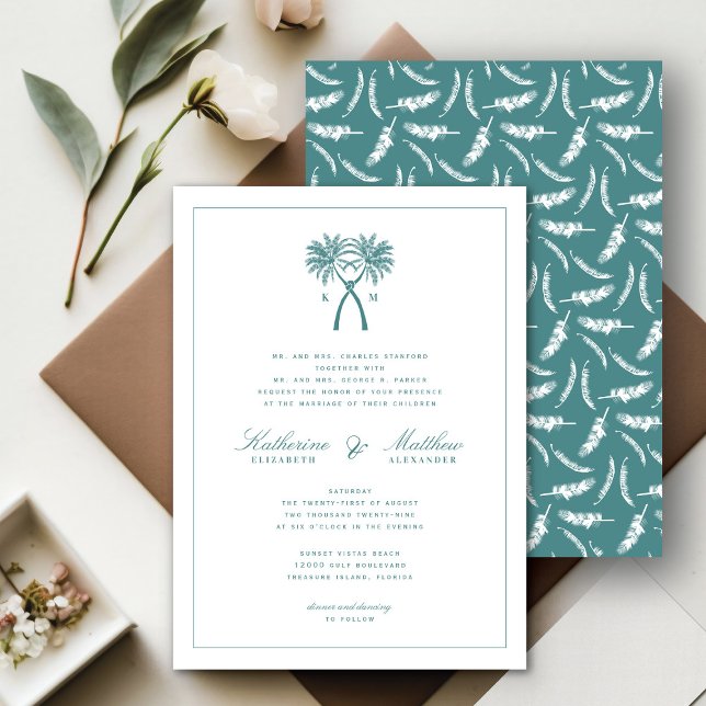Invitation Palmiers noués Destination Tropicale Mariage (Knotted Palm Trees Tropical Destination Wedding Invitation @ fatfatin_blue_knot)