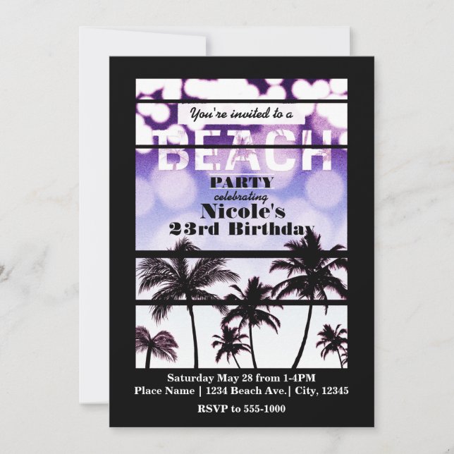 Invitation Palmiers Plage Tropical Violet Glam (Devant)