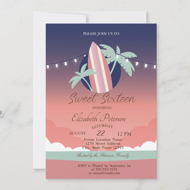 Invitation Palmiers, Planche de surf Summer Sweet 16 Party (Devant)