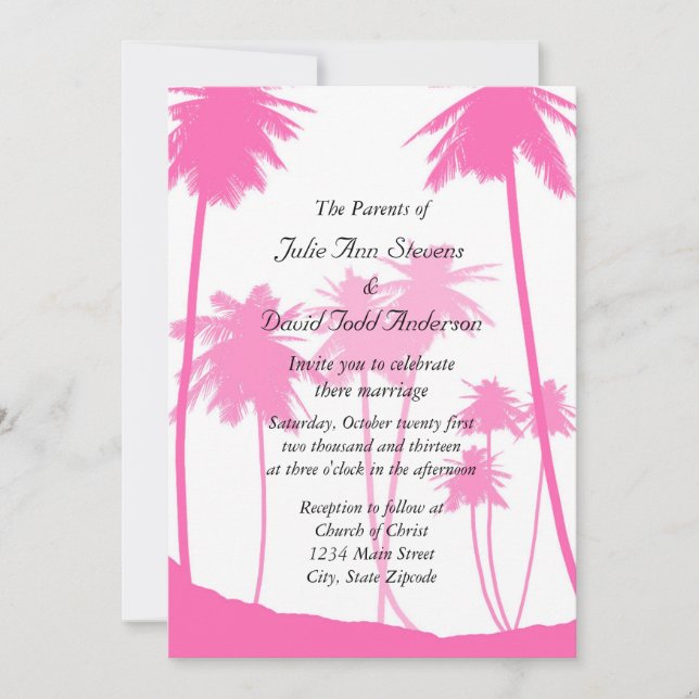 Invitation Palmiers roses chauds Mariage tropical (Devant)