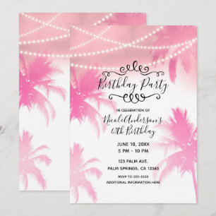 Invitation Palmiers roses tropicaux et lumières de fête d'ann