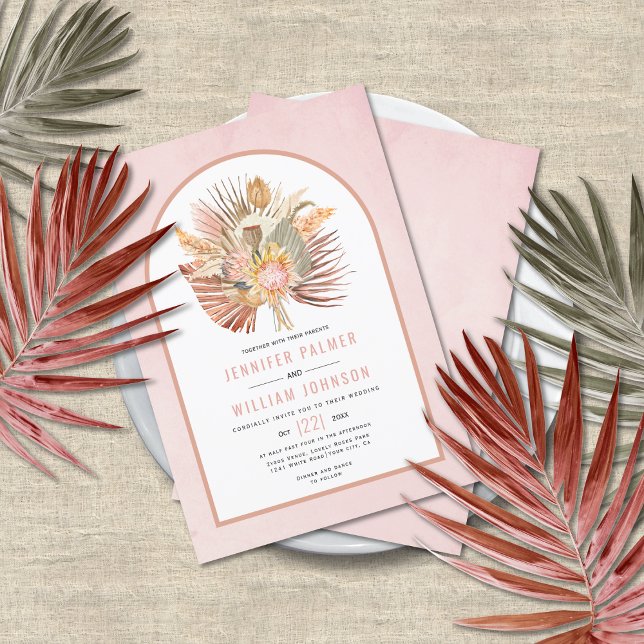 Invitation Palmiers séchés et pampas herbe douce rose mariage (Créateur téléchargé)
