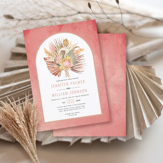 Invitation Palmiers séchés et pampas mariage rose pâle (Créateur téléchargé)