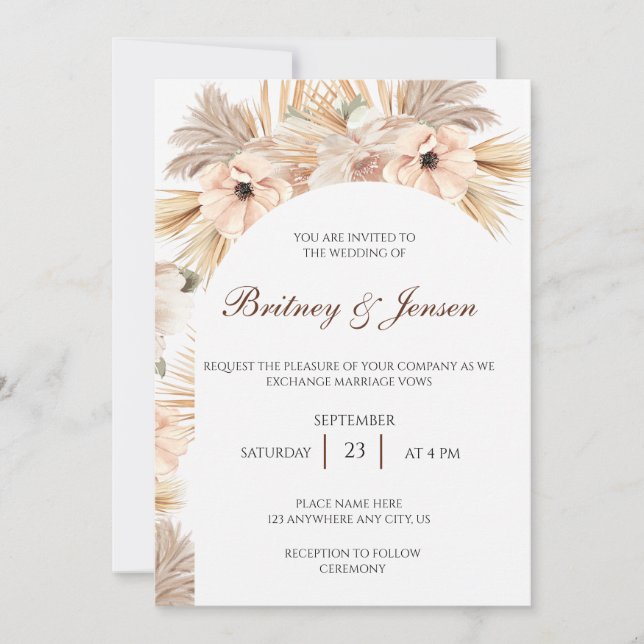 Invitation Palmiers séchés et style Boho feuille pour mariage (Devant)
