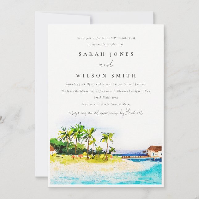 Invitation Palmiers Tropical Seascape Beach Couples Douche (Devant)