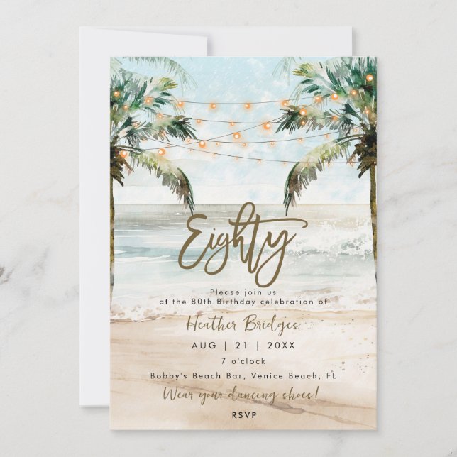 Invitation Palmiers tropicaux de plage 80e anniversaire (Devant)