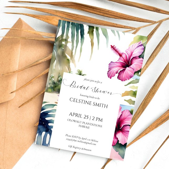 Invitation Palmiers tropicaux de plage hibiscus douche nuptia (Tropical beach palms hibiscus bridal shower template invitation digital download watercolor palms)