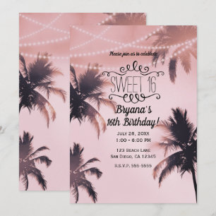 Invitation Palmiers tropicaux & lumières Rose Fête douce 16 a
