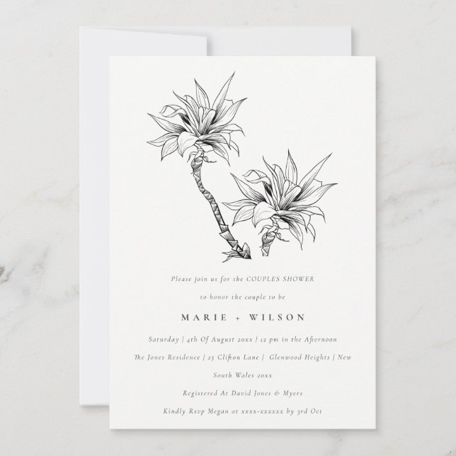 Invitation Palmiers tropicaux noir blanc croquis Couples douc (Devant)