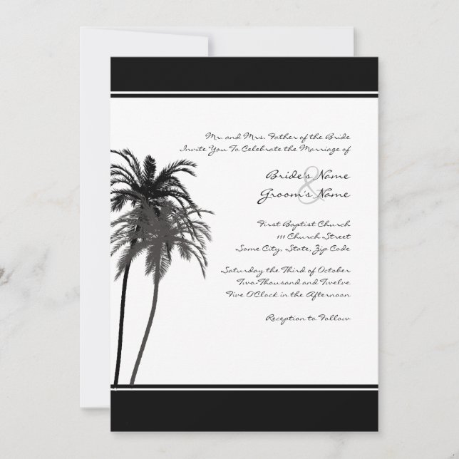 Invitation Palmiers tropicaux noirs et blancs (Devant)