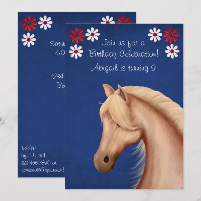 Invitation Palomino Pony Rouge Blanc Bleu Cheval Anniversaire (Devant / Derrière)