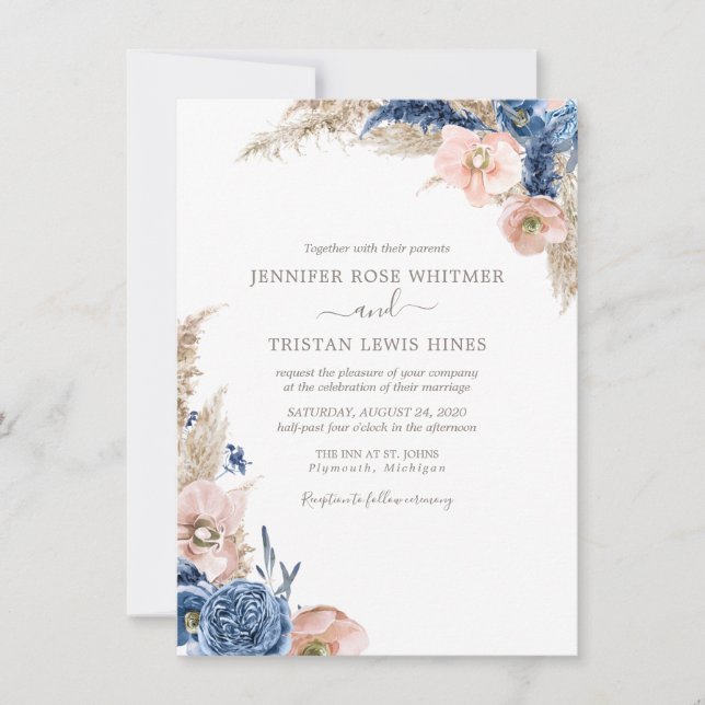 Invitation Pampa Aquarelle Bleu Bleu Boho Séché Mariage Dans (Devant)