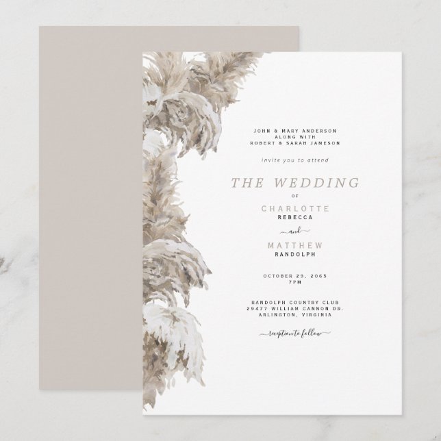 Invitation Pampas Beige Les deux définit les parents Mariage  (Devant / Derrière)
