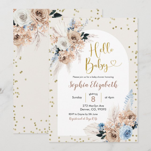 Invitation Pampas bleu herbe boho bonjour bébé garçon baby sh (Devant / Derrière)