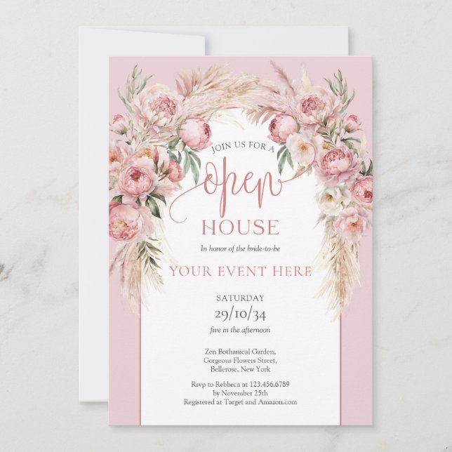 Invitation Pampas boho arch rose pâle Open House (Devant)