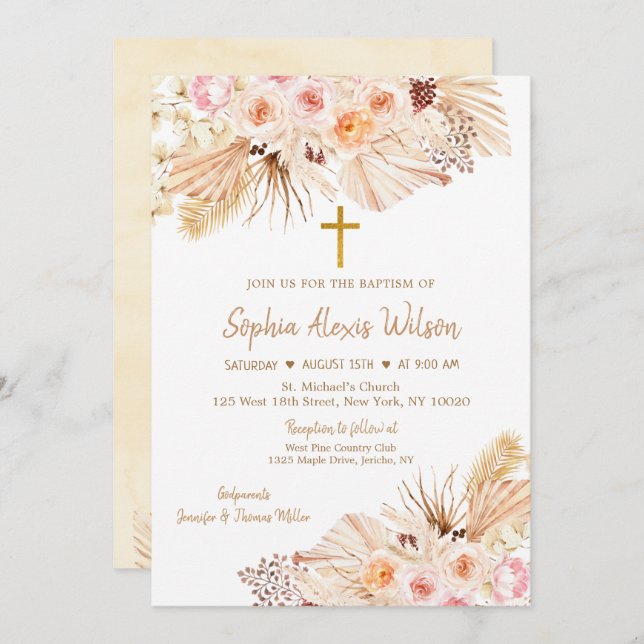 Invitation Pampas Boho Grass Floral Baptême (Devant / Derrière)