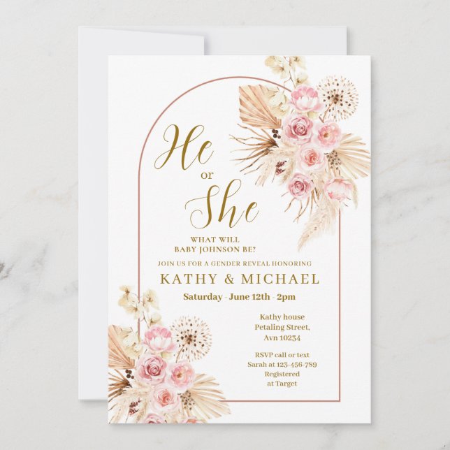 Invitation Pampas Boho rose Révélation de genre (Devant)