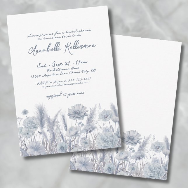 Invitation Pampas Botanique Floral Dusty Fête des mariées Ble (Botanical Pampas Floral Dusty Blue Bridal Shower Invitation)