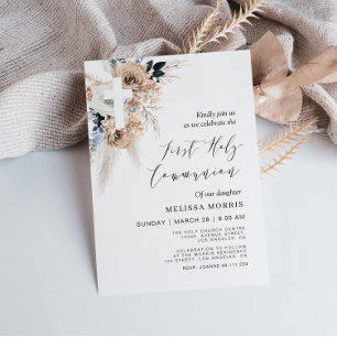 Invitation pampas croix florale première communion sainte