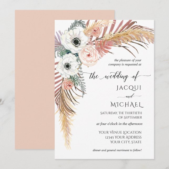 Invitation Pampas de graminées de la Pampa florale blanc de B (Devant / Derrière)