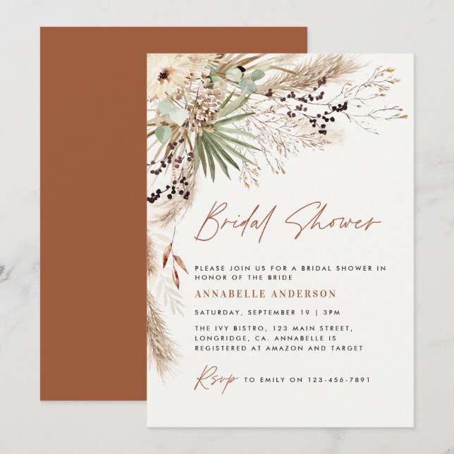 Invitation Pampas douche nuptiale herbe moderne boho élégant (Devant / Derrière)