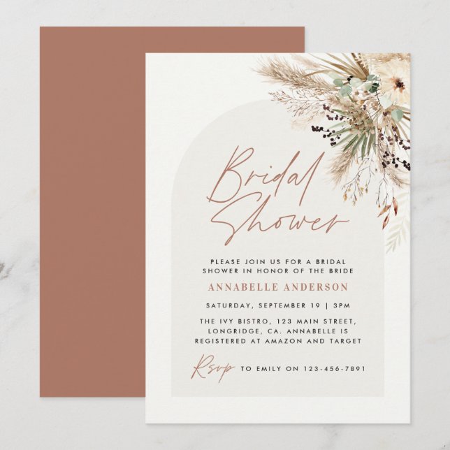 Invitation Pampas douche nuptiale herbe moderne boho élégant (Devant / Derrière)